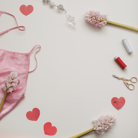 Composition with flowers, threads, textile, scissors and sewing accessories on white background. Sewing wokrshop. Flat lay, top view copy spaceの写真素材