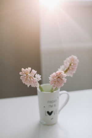 Spring flowers in cup on a table. Cozy home decorの写真素材