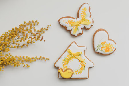 Easter gingerbread cookies and mimosa flowers on white background. top view copy space. Happy Easter...