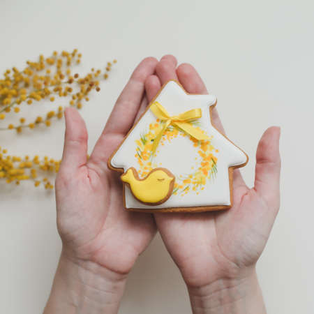 Female hands holding glazed gingerbread cookie on white background. Spring, Happy Easter concept....