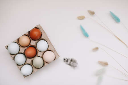 fresh chicken eggs of natural shades and colors in a recycled box on a white backgroundの写真素材
