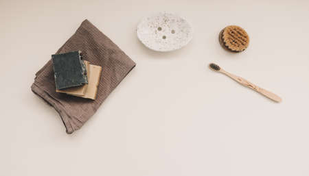 natural hygiene products, home soap, linen towel, bamboo toothbrushes, eco friendly style life concept, zero waste conceptの写真素材