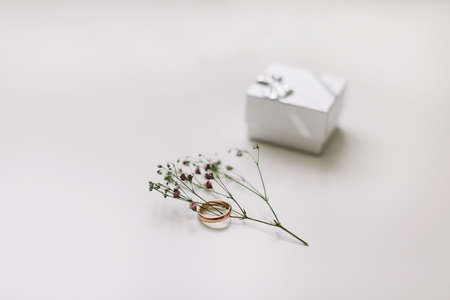 Golden ring and jewelry box and flowers. Wedding, Love, Valentines day, Happy Birthday, Proposal of marriage conceptの写真素材