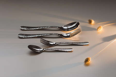 silver stainless cutlery on a light backgroundの写真素材