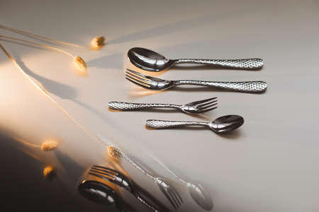silver stainless cutlery on a light backgroundの写真素材