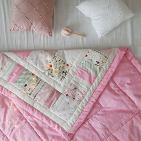 Cozy baby cot with a patchwork blanket. Baby bedding and textile for nurseryの写真素材