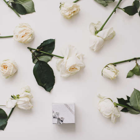 jewelry ring box and white roses. Wedding, Love, Valentines day, Happy Birthday conceptの写真素材