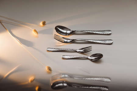 silver stainless cutlery on white background isolated with reflectionsの写真素材