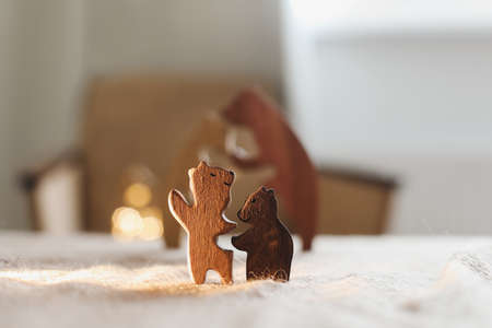 Family of wooden toy bears. Handmade wooden eco-friendly toys for kids.の写真素材