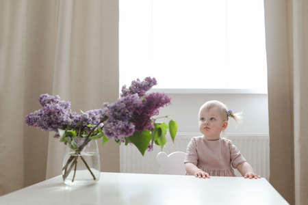 cute little girl in a pink dress with a bouquet of fragrant lilacs at homeの写真素材