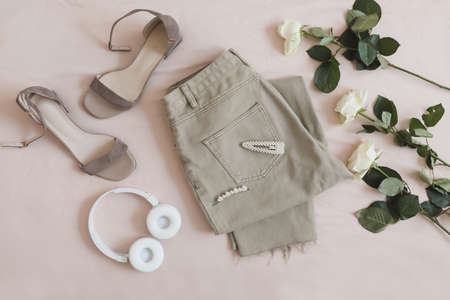 Overhead view of womans casual summer outfit.の写真素材