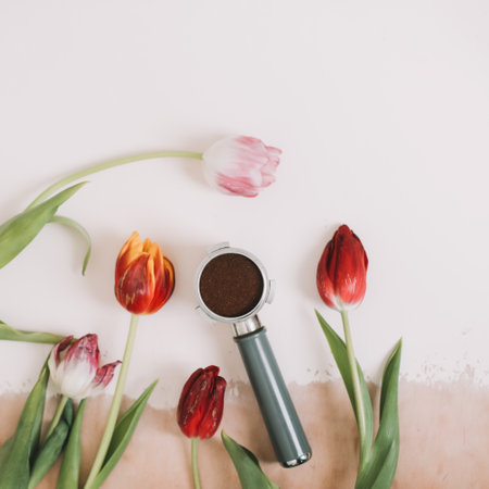 Coffee holder from the coffee machine and fresh tulips on a white backgroundの写真素材