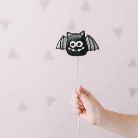 Fresh halloween gingerbread cookie in the shape of a batの写真素材