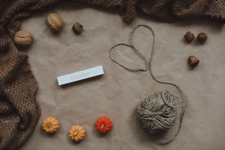 Cozy autumn composition with candles top view. Hygge home decor. Halloween and Thanksgiving conceptの写真素材