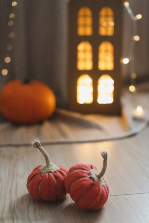 halloween and autumn cozy composition with pumpkins, october home decorationの写真素材