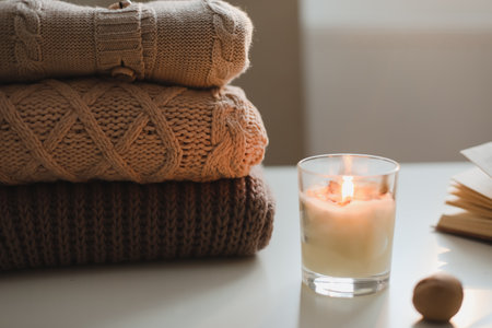 cozy comfortable home autumn still life with a candle, book, knitted sweaters and plaidの写真素材