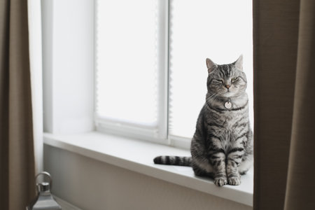 funny scottish straight cat in a cozy home interiorの写真素材