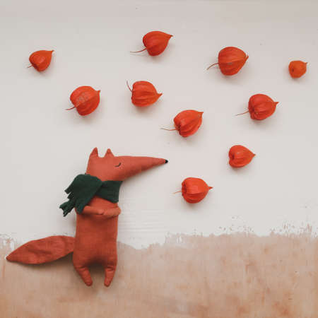 autumn composition with a toy fox and physalis flowers on white textured background, top viewの写真素材