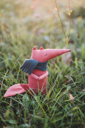 Cute little handmade toy fox in green grass. Childhood, baby, holiday, people, hobby, emotions concepts.の写真素材