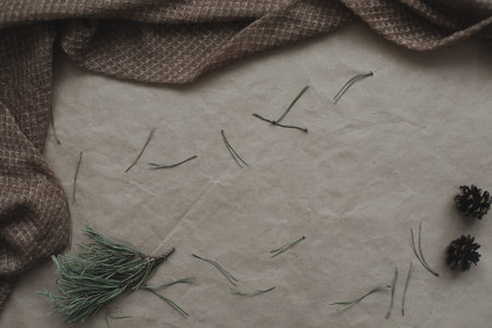 Christmas frame with decorations on paper background. Flat lay with copy space. New Year 2022 conceptの写真素材