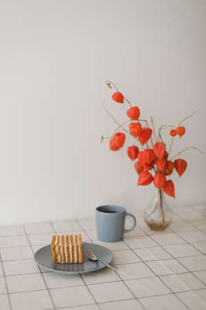 Table setting for breakfast with delicious cake, Aesthetic lookの写真素材