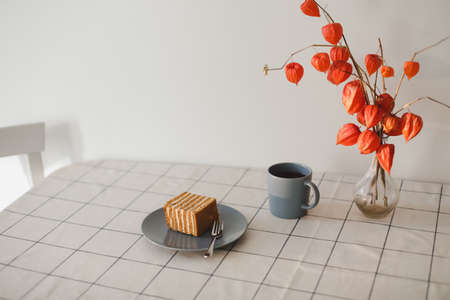 Table setting for breakfast with delicious cake, Aesthetic look