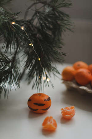 Tangerines with painted stripes on a white background with a Christmas tree. The concept for the new...