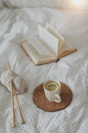 Cozy still life interior details with a book, tea cup and knitting needles in warm soft bed. Sweet homeの写真素材