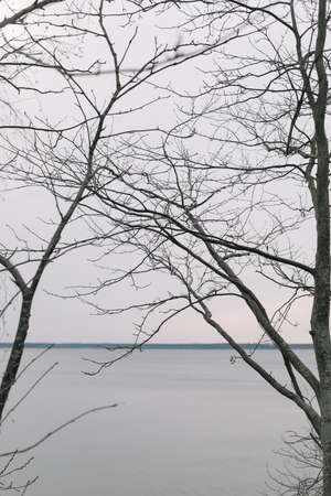 The incredible view of river or lake in spring. Blue water surface with small waves under blue skyの写真素材