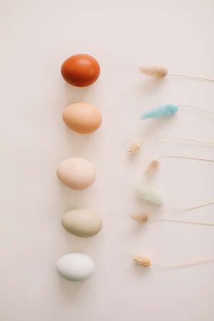 Happy Easter concept. Fresh chicken eggs of natural shades and colors on a white backgroundの写真素材