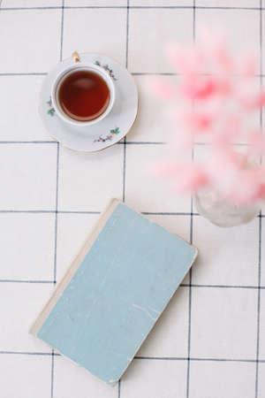 modern interior design of a cozy living room with dry plants in vase, book and tea cup on the table