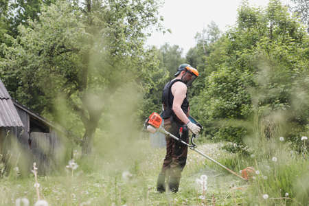 Worker man mowing tall grass with petrol lawn trimmer in the garden or backyard. Process of lawn...