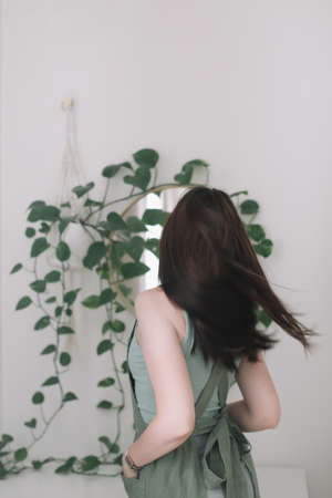 Young woman in apron, housewife or gardener takes care of green plant, watering flower pots in cozy room. Concept of gardening and hobbyの写真素材