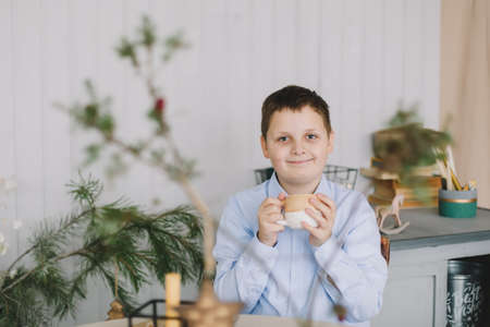 Happy beautiful portrait of a smiling caucasian child boy on the background of a Christmas tree in a home interior and festive atmosphereの写真素材