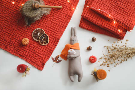 Autumn cozy still life with toy, candles and leaves. Thankgiving concept. Flat lay, hygge styleの写真素材