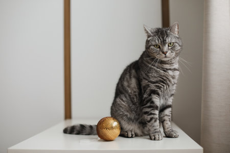 Cute tabby Scottish straight cat playing with a golden Christmas ball at homeの写真素材