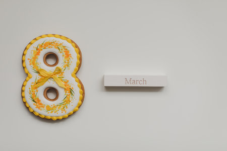 Womens Day, March 8, figure eight, gingerbread, flowers. Space for text.