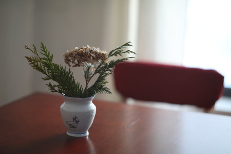 Soft home decor, white jug, vase with flowers on a dark vintage table background. Cozy Interior detailsの写真素材