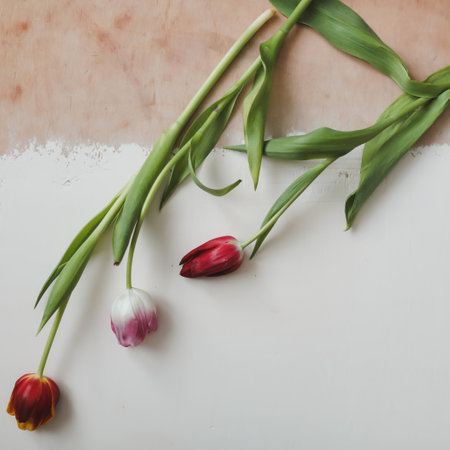 a bouquet of fresh tulips for congratulations. the frame of colorful tulips isolated on a white background. banner, top view, spring concept. Easter or Valentines day greeting cardの写真素材