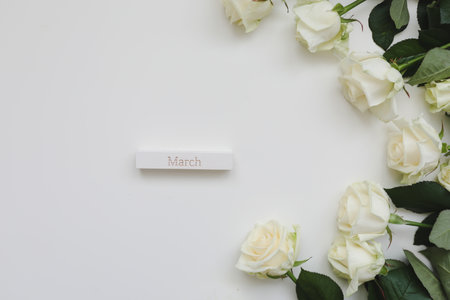 International Womens Day. Banner, flyer, beautiful postcard for March 8. Flowers composition. Frame made of white fresh rose flowers on white background. Flat lay, top view, copy spaceの写真素材