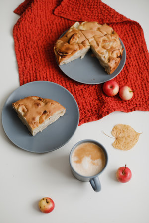 Homemade Apple Pie on white table background, top view. Classic autumn Thanksgiving dessert - organic apple pie.の写真素材
