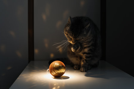 Cute Scottish cat playing with christmas balls. Tabby cat playing with a golden Christmas ball at home. New Year concept. kitten relaxing and playing with toy. Winter holidaysの写真素材