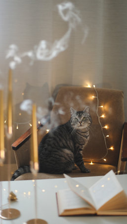 cozy home atmosphere and still life with a cat, candle, book. Cute tabby cat portrait at candle light on background. Cozy home. Atmospheric moment.の写真素材