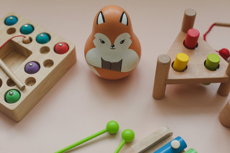 Eco-friendly colored wooden educational toys according to the Montessori method for preschool children. Childrens wooden toys. Sorter. Educational logic toys for kids.の写真素材