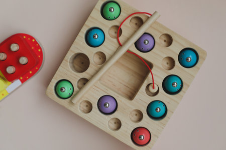 Eco-friendly colored wooden educational toys according to the Montessori method for preschool children. Childrens wooden toys. Sorter. Educational logic toys for kids.の写真素材