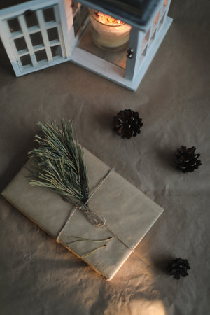 Christmas composition. Gifts, fir tree branches, red decorations. Christmas, winter, new year concept. Flat lay, top view, copy space. High quality photoの写真素材
