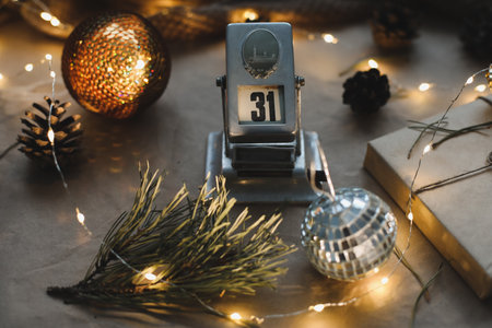 Christmas composition. New Year eve. December 31 on calendar on a craft paper background with spruce branches and a glowing garland. New years date. Flat lay, top viewの写真素材