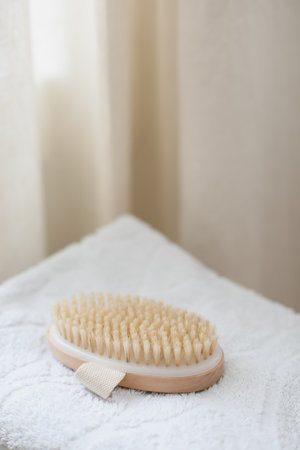 Body massage brush on white towel. body care product natural materials, zero waste, spa body care concept. Eco-friendly lifestyleの写真素材