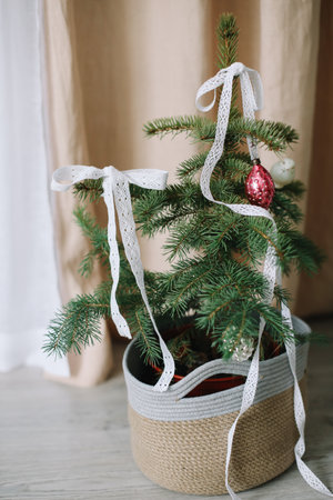 New Year lace decorations for the Christmas tree in eco style. Zero Waste Christmas concept. Vintage Christmas tree decorations. Holiday Template with Christmas decorations on fir treeの写真素材