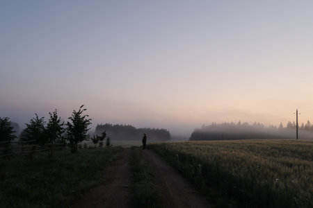 Scenic picturesque landscape view. rural nature in countryside in autumn. Serene peaceful nature countrysideの写真素材